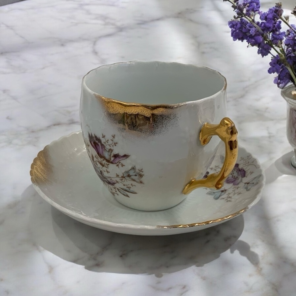 Vintage Teacup And Saucer Dresden Germany, Floral Embossed, Painted Design, Gold - Picture 3 of 10